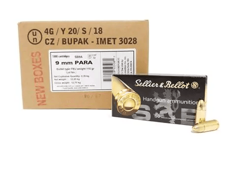 Sellier & Bellot Ammo, 9mm 115 Grain FMJ, 1000 Rounds